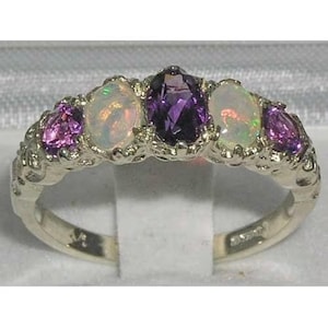 Solid English 925 Sterling Silver Natural Amethyst & Colorful Opal Half Eternity Ring - Made in England - Customize: 9K,14K,18K