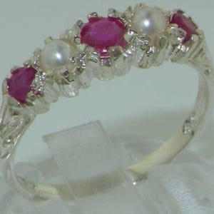 Natural Ruby & Freshwater Pearl 925 Sterling Silver Vintage Style Half Eternity Band, Classic 5 Stone Carved Ring - Customize your size