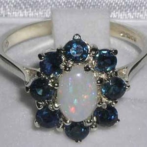 925 Sterling Silver Natural Opal & Blue Sapphire Cluster Flower Statement Ring -Made in England-Customize:9K,14K,18K,Yellow,Rose,White