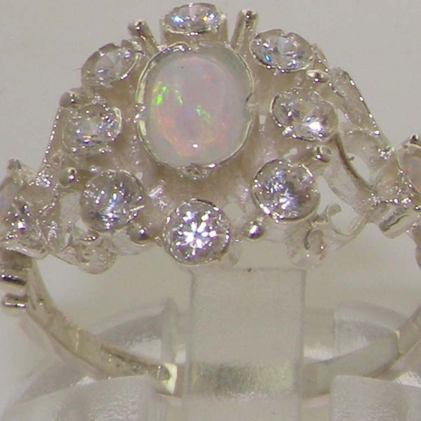 Englischer 925 Sterling Silber Natürlicher Opal & CZ Zirkonia Unikat Rosette Blumen Cluster Pave Ring - Antik Stil - Individualisierbar