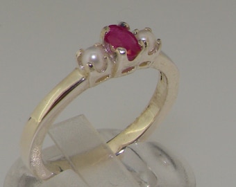 925 Sterling Silver Naturlig Rubin & Pärla Dam Trilogi Ring - Anpassningsbar Platina, 9K, 10K, 14K, 18K Gult, Rosé eller Vitt Guld