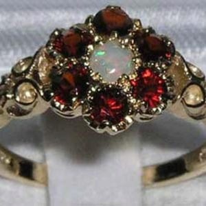 9K Yellow Gold Natural Opal & Garnet Cluster Daisy Flower Ring, Pave Setting Floral Carved Ring - Made in England - Customizable