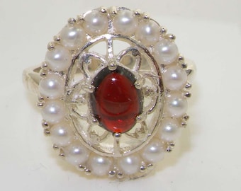 Large 925 Sterling Silver Natural Cabochon Garnet & Freshwater Pearl Halo Ring, Anniversary Ring, Unique English Antique Cluster Flower Ring