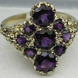 Solid 9K Yellow Gold Natural Amethyst Ring, Unique English Vintage Stlye Cluster Ring, Diamond Shaped Ring - Customizable