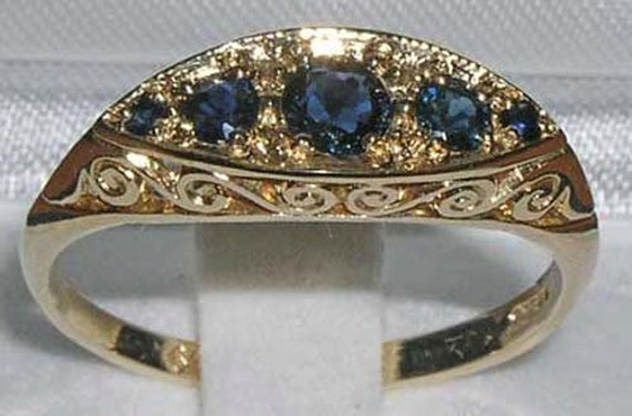 Five Natural Dark Blue Sapphire with Solid 9K Yellow Gold English Victorian Antique Style Scroll Deco Ring, Anniversary Ring - Customizable