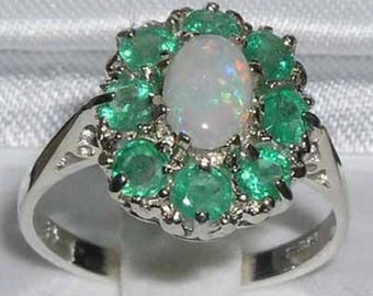 English 9K White Gold Natural Colorful Opal & Emerald Ring, Antique Style Flower Cluster Ring, Engagement Ring -Customize: 14K, 18K gold