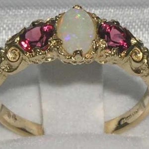 Stunning 14K  Yellow Gold Colorful Opal & Pink Tourmaline Engagement Ring, English Antique Style 3 Stone Trilogy Ring - Customizable