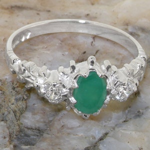 925 Sterling Silver Natural Emerald & Cubic Zirconia womens Trilogy Ring - Customizable 9K,10K,14K,18K Yellow, Rose, White Gold or Platinum