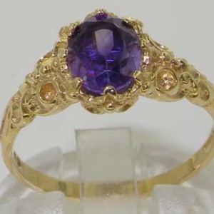 English 10K Yellow Gold Natural 1.1ct Amethyst Solitaire Ring, Vintage Style Wedding Ring, February Birthstone - Customizable