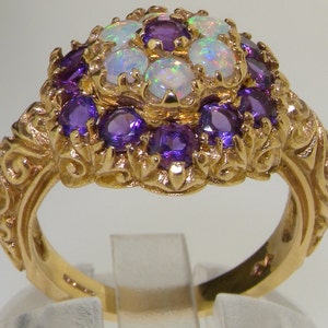 Stunning 14K Yellow Gold Large Natural Amethyst & Colorful Opal Victorian Style Cluster Flower Cocktail Ring -Made in England - Customizable