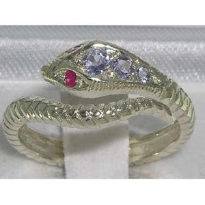 English 925 Sterling Silver Natural Natural Tanzanite & Ruby Snake Ring - Made in England - Customize:Platinum,9K,10K,14K,18K Gold
