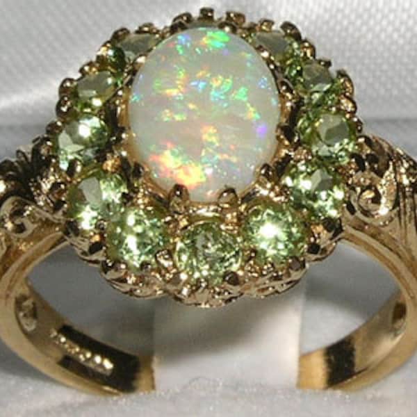 Ornate 9K Yellow Gold Natural Opal & Peridot Cluster Flower Ring - Made in England -Customize:14K,18K Gold