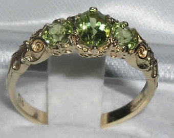 Yellow Gold Natural Peridot Victorian Inspired Trilogy Vintage Style Ring | Select from 9K, 10K, 14K and 18K Yellow Gold