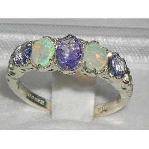 9K 375 White Gold Natural Tanzanite & Australian Opal Victorian Inspired Five Stone Ring