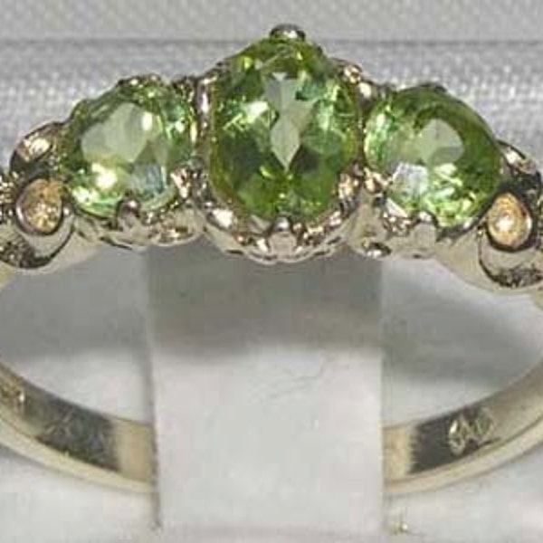 English 925 Sterling Silver 3 Peridot Anniversary Vintage Style Ring,  Ring, English Victorian Trilogy Band - Customize: 9K,14K, 18K