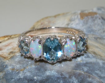 14K or 9K White Gold AAA Quality Aquamarine & Australian Opal Ring | White Gold Five Stone Ring | Ornate Victorian Inspired Gold Ring