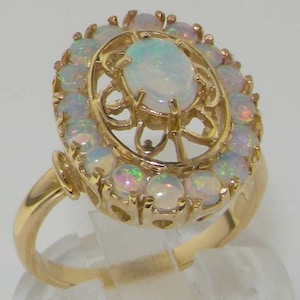 Large Natural Colorful Opal Ring, 9K Yellow Gold Unique English Victorian Style Cluster Flower Ring - Customizable