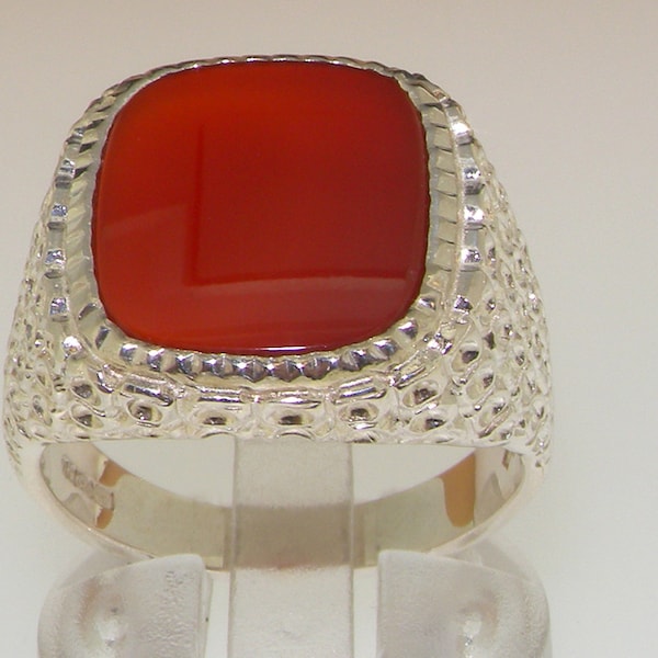 Mens Solid 925 Sterling Silver Square Carnelian Signet Ring with Milled Edge