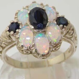 Sample Sale! Size 7 (UK N 1/2), 6.25 (UK M) 925 Sterling Silver Natural Blue Sapphire & Colorful Opal Scroll Carved Cluster Floral Ring