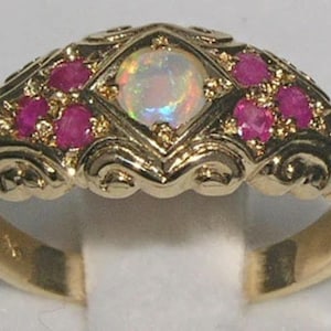 Natural Opal & Ruby Anniversary Band, English 9K Yellow Gold Unique Victorian Style Ring - Customize:Platinum,9K,10K,14K,18K Gold