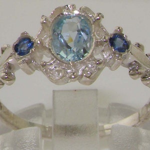 Natural Aquamarine & Blue Sapphire 9K White Gold Delicate Unique Victorian Style Ring - Made in England -Customizable