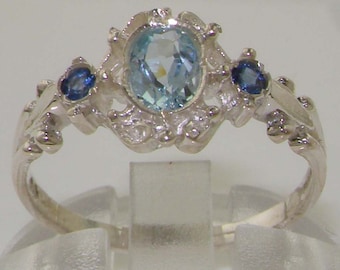 Solid 925 Sterling Silver Natural Aquamarine & Sapphire English Victorian Style Ring - Customize:9K,14K,18K