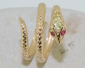 Yellow Gold Peridot & Ruby Coiled Snake Ring | Double Wrap Snake Ring |Peridot and Ruby Serpent Ring | Gold Snake Ring | Select your carat
