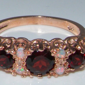 Natural Garnet & Colorful Opal 9K Rose Gold Victorian Style Ring, English Trilogy Style Filigree Engagement Ring - Customizable