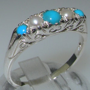 Victorian style 925 Sterling Silver Natural Turquoise & Pearl Womens  Band Ring - Customizable 9K,10K,14K,18K Yellow, Rose or White Gold