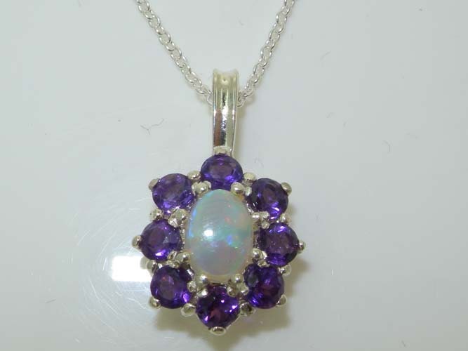Luxury Solid 925 Sterling Silver Natural Colorful Opal & Amethyst Cluster Flower Classic Pendant Necklace - Made in England