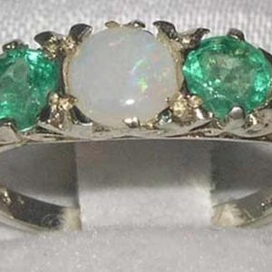Solid 925 Sterling Silver Natural Colourful Opal & Emerald Art Nouveau Anniversary Ring, English Antique Design 3 Stone Trilogy Ring