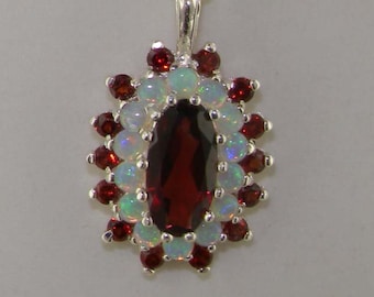 Large 12x6mm Natural Garnet & Colorful Opal 3 Tier Cluster Flower Pendant with Solid 925 Sterling Silver Necklace - Made in England
