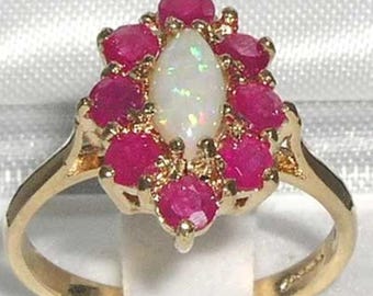 14K 585 Englisch Gelb Gold Natürliche Marquise Schnitt Opal & Rubin Verlobungsring, Ehering - Juli, Oktober Birthstone -Anpassbar
