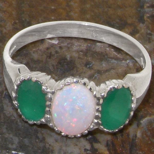 925 Sterling Silver Natural Opal & Emerald womens Trilogy Ring - Customizable 9K,10K,14K,18K Yellow, Rose or White Gold or Platinum