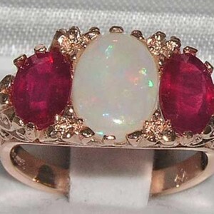 Large Natural Natural Colorful Opal and Ruby 9K Rose Gold Antique Art Nouveau Deco Design Ring, English Vintage Scroll Design Ring