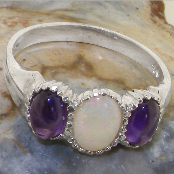 925 Sterling Silver Natural Opal Amethyst Womens Trilogy Ring
