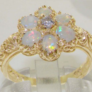 14K Yellow Gold Natural Opal & Diamond Womens Art Nouveau Style Ring- Customizable Platinum,9K,10K,14K,18K Yellow, Rose or White Gold