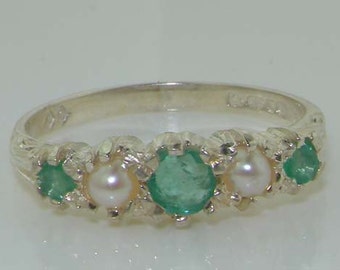English 925 Sterling Silver Natural Emerald & Freshwater Pearl Vintage Style Half Eternity Band, Classic 5 Stone Carved Ring - Customizable