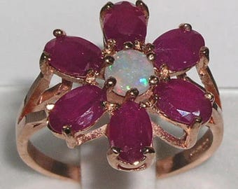 9K Rose Gold Natürlicher Opal & Rubin Cluster Blume Cocktail Ring | Gold Blume Kleid Ring | Opal und Rubin Blumenring