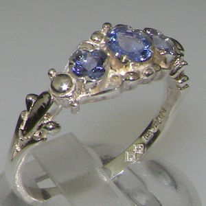 Stunning 18k White Gold Natural Tanzanite Georgian Inspired Trilogy Ring - Customizable 9K,10K,14K, 18k Yellow, Rose or White Gold