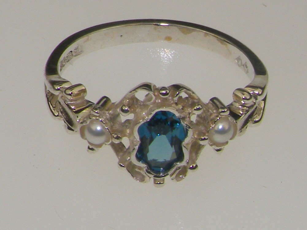 925 Sterling Silver Natural London Blue Topaz & Pearl Womens Trilogy ...
