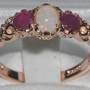 English 9K 9ct Rose Gold Natural Natural Colourful Opal & Ruby Ring, English Vintage Style 3 Stone Ring, Anniversary Band Ring -Customizable