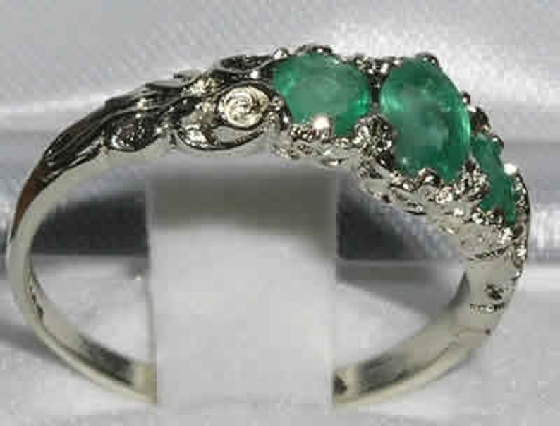 Silver Emerald Ring Sterling Silver Ring Sterling Silver Emerald Ring Emerald Trilogy Ring May Birthstone Vintage Style Ring image 2