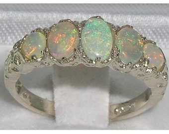 English Natural Colorful Opal Ring | 5 Stone Anniversary Ring | Natural Australian Opals | Sterling Silver Opal Ring | White Gold Opal Ring