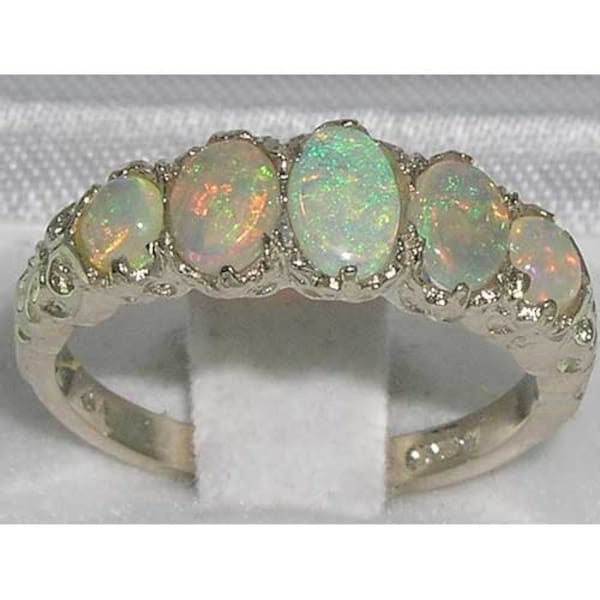 English Natural Colorful Opal Ring | 5 Stone Anniversary Ring | Natural Australian Opals | Sterling Silver Opal Ring | White Gold Opal Ring