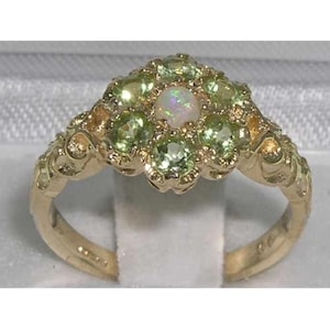 9K Solid Yellow Gold Natural Opal & Peridot Cluster Flower Daisy Ring, Seven Stone Pave Ring, Promise Ring -Made in England -Customizable