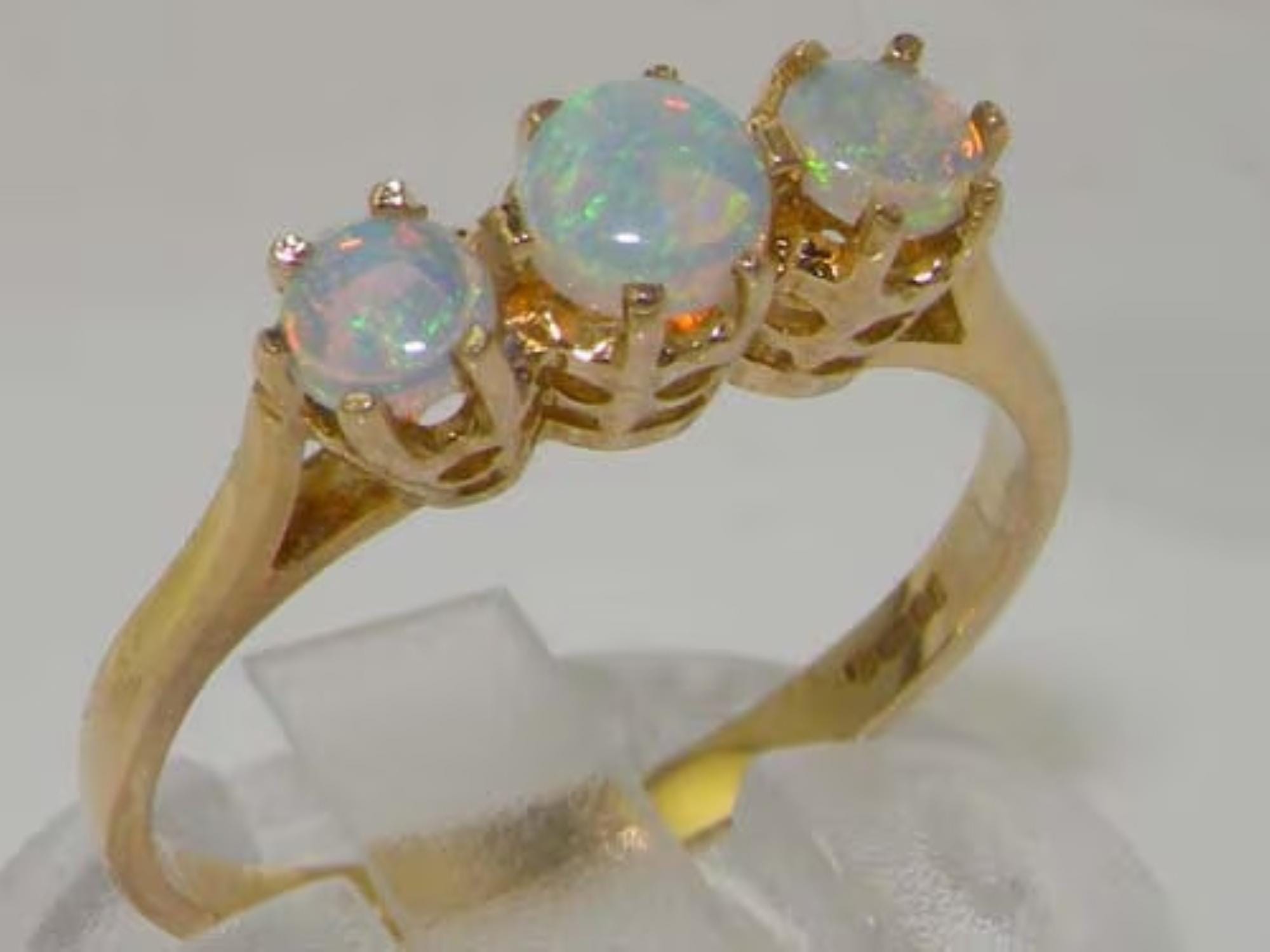 Yellow Gold Natural Opal womens Trilogy Ring - Customizable 9K,10K,14K,18K, Yellow, Rose or White Gold or Platinum