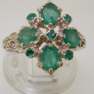 Sample SALE! Size 10.5 (UK V) Large 925 Sterling Silver Genuine Emerald Rhombus Ring, English Unique Vintage Design Cluster Ring