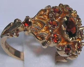 Solid 9K Yellow Gold Natural Garnet Unique Rosette Flower Cluster Pave Ring, Englihs Antique Vintage Style Ring - Customizable