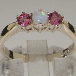 Solid 925 Sterling Silver Natural Colorful Opal & Pink Tourmaline Anniversary Ring, Modern Trilogy 3 Stone  Ring,  - Customizable